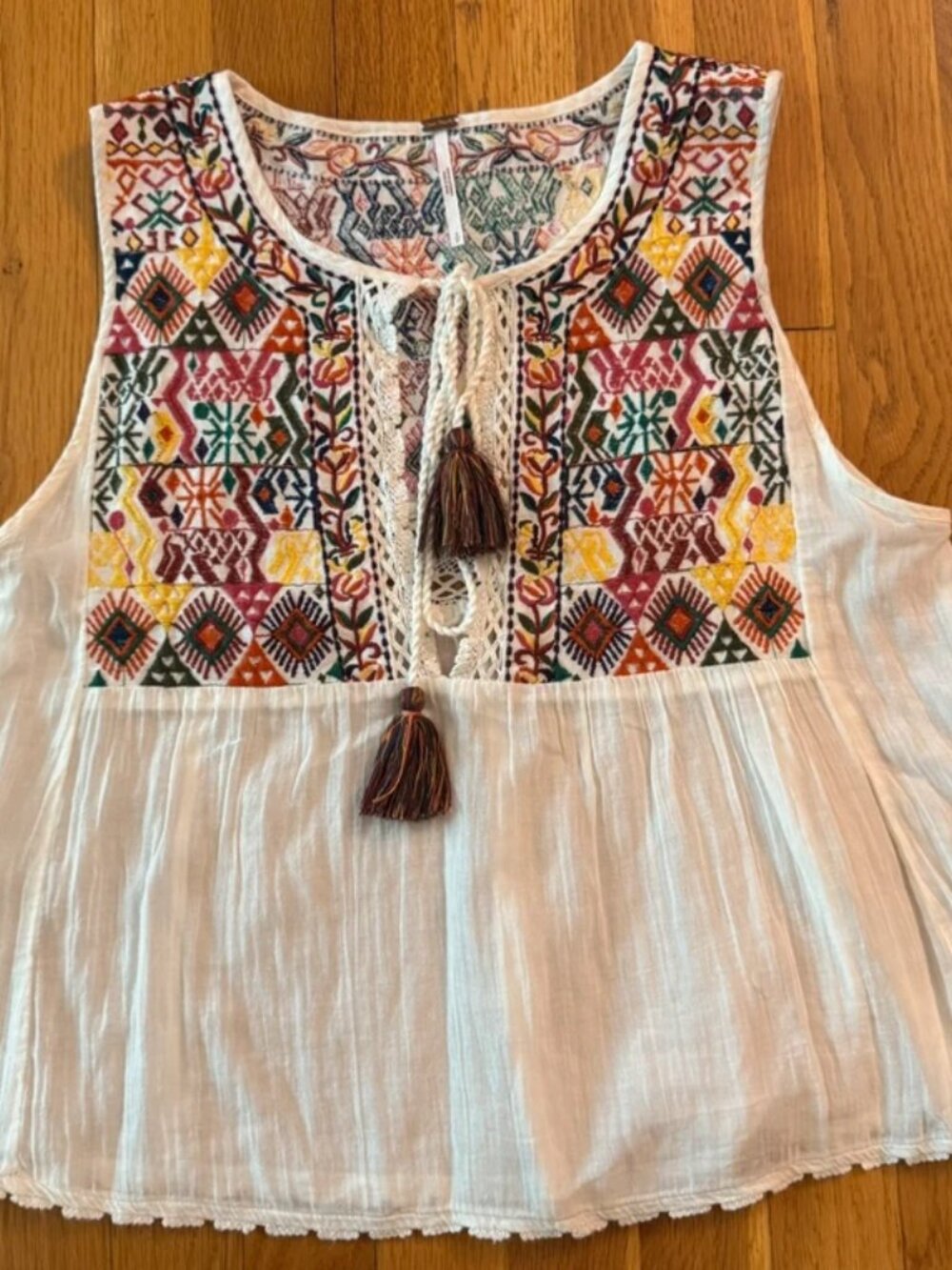 Free People Lohri Embroidered Boho Tassel Top Size Small Ivory Multi